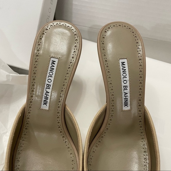 Manolo Blahnik Maysale Linen Mules Tan 70mm 37 - Picture 9 of 14